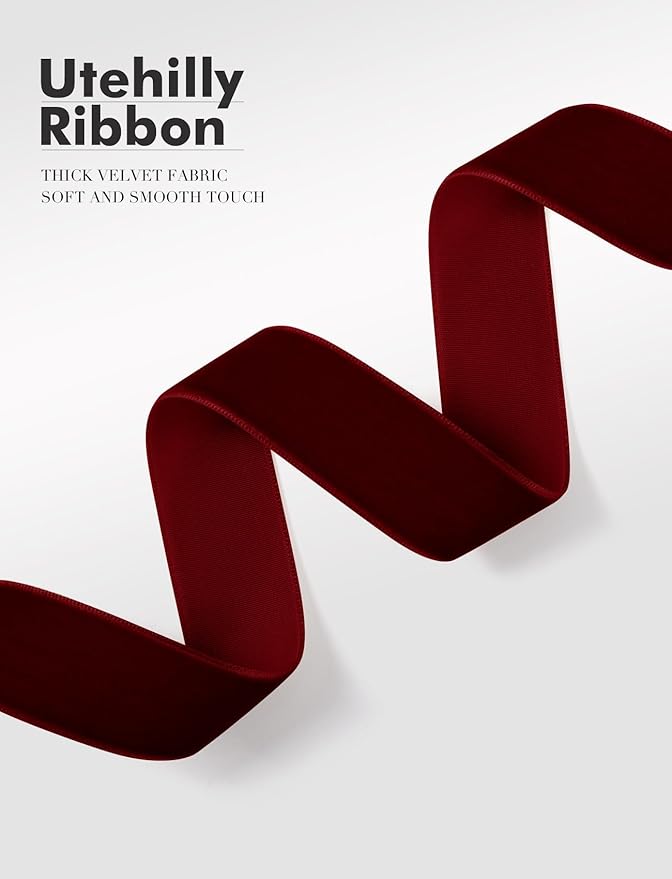 Burgundy Christmas Velvet Ribbon for Tree, Gift Wrapping, Flower Bouquet, Wreath Decorations, Bow Making 1'', 25 Yards
