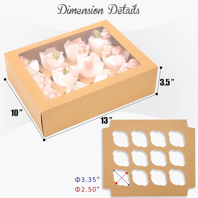 12 Cupcake Containers 20-Packs Brown 12 Count Cupcake Boxes with Window Cupcakes Carrier, 13"x10"x3.5"（Auto-pop up）