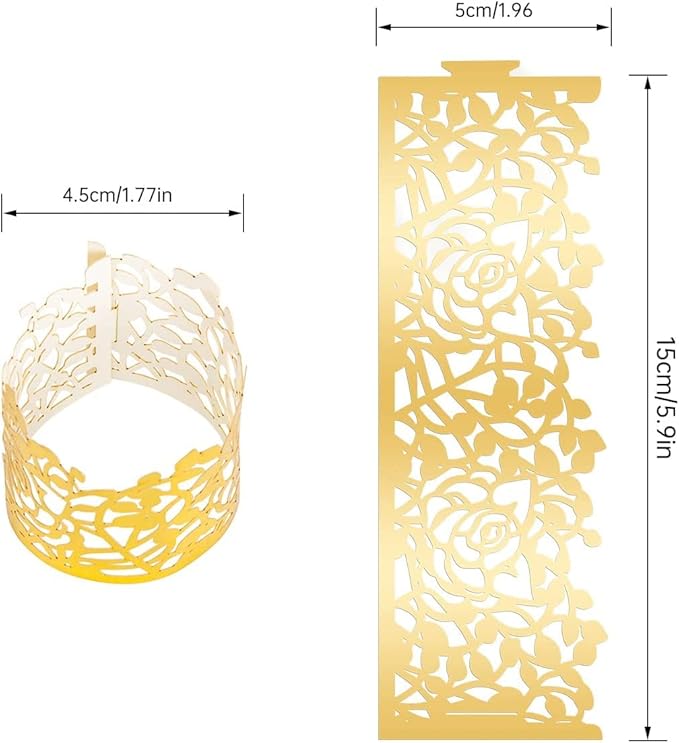 150PCS Rose Flower Paper Napkin Rings, Simple Napkin Holders Dinner Tables Rings Elegant Ornament Table Setting Decoration for Wedding, Christmas, Thanksgiving, Holiday, Party (Gold)