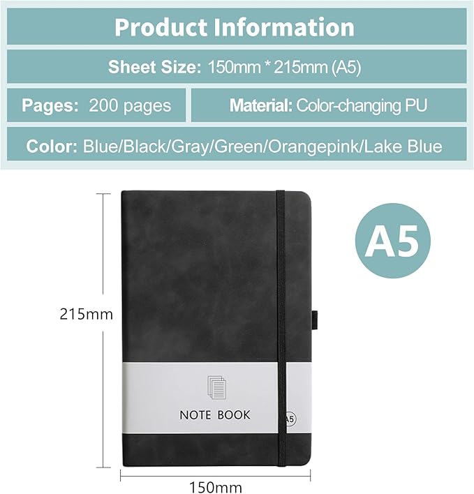 Vebermo Personalized Notebook Custom Journal Notebook PU Leather A5 Can Customized with Logo/Text/Image- 192 Lined Pages 8.3 x 5.9 Inch, Pen Loop, Elastic Band, Lakeblue Hardcover