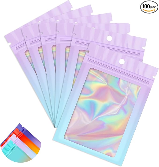 Funfery 100 Pack Holographic Mylar Bags,Clear Window Smell Proof Bag Foil Seal Pouch Resealable Bags with Zipper,Packaging Bag for Food Storage,Lash,Jewelry,Business Supplies(3×4.7in, Purple Blue)