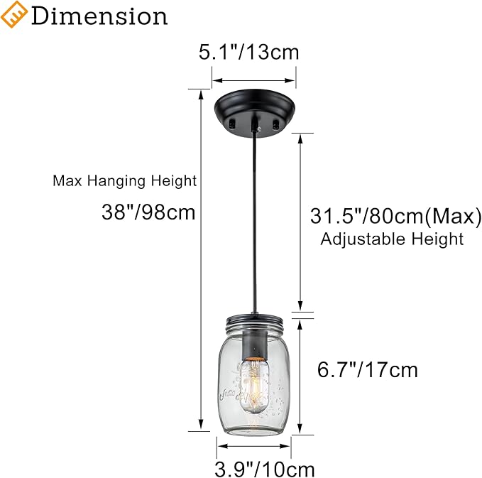 Kitchen Island Light, 1 Lights Adjustable Pendant Lighting, Glass Mason Jar Hanging Lamp(2 Pack)