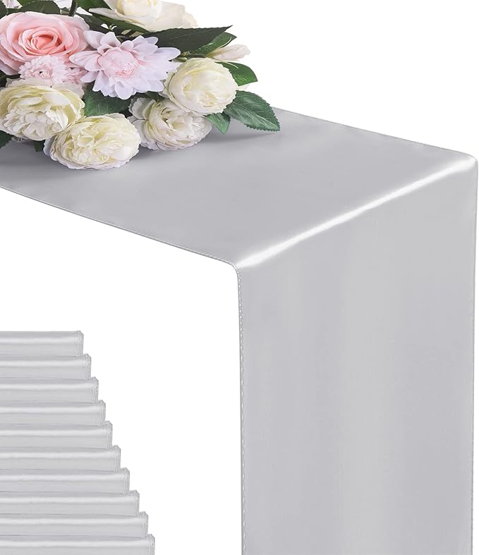 12Pack Table Runner 12 x 108 Inches Satin Silk Table Runner for Wedding, Birthday Party, Banquets, Graduations Decoration, fit Rectange and Round Table-Silver