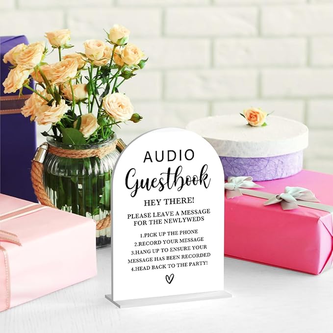 Acrylic Wedding Sign, Bridal Shower Decorations, Audio Guestbook Sign for Ceremony, Modern Font Table Signs, Acrylic Table Top Signs for Wedding Reception Engagement Parties and Event Party (White)