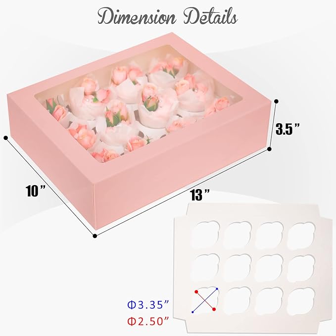 12 Cupcake Containers 10-Packs Pink Cupcake Box Cupcakes Carrier, 12 Cupcake Boxes with Window 13"x10"x3.5"（Auto-pop up）