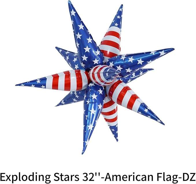 3pcs 26inch 3D July Fourth Explosion Star foil balloon, American Flag theme Foil Cone star burst Balloons for Birthday Wedding New Year Party Event
