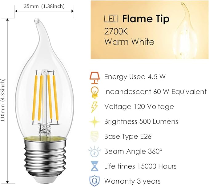 LVWIT Flame Tip LED Filament Bulb Candelabra E26 Base Dimmable 4.5W (60W Equivalent) B11 Chandelier Candle Light Bulb，2700K Warm White 6-Pack