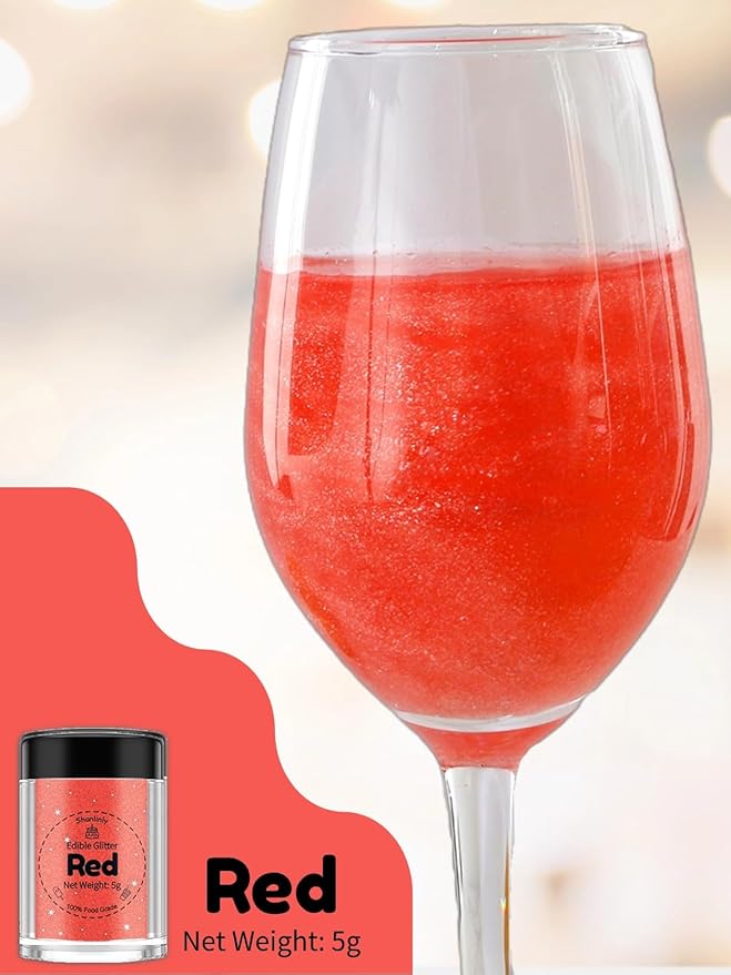 Shanlinly Red Edible Glitter for Cakes Drinks - Food Grade 5g Shimmer Luster Glitter Dust Edible Glimmer Powders for Strawberries, Sprinkle on Sparkle, Chocolate, Cookie, Cupcake, Cocktail, Vegan