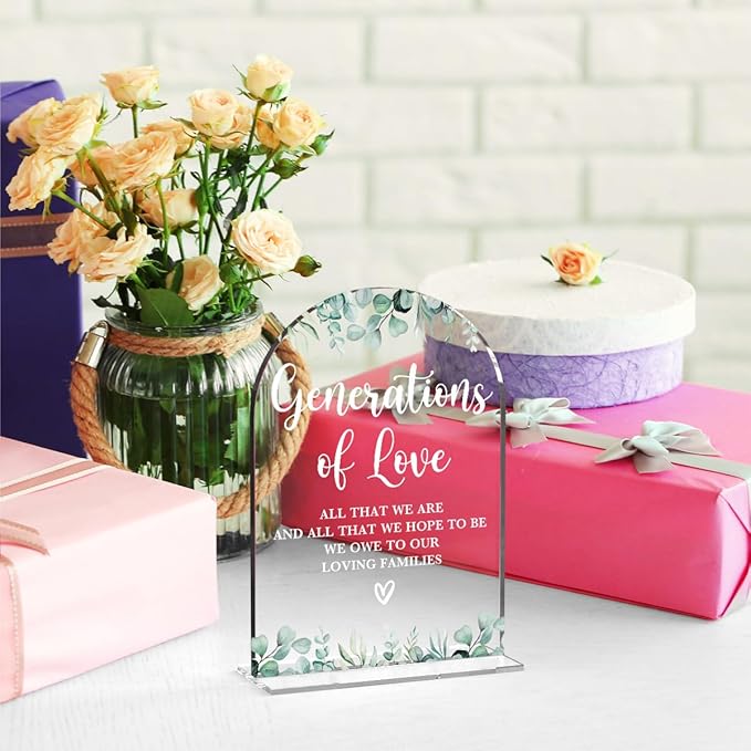 Acrylic Wedding Sign Generations of Love Signs for Ceremony Modern Calligraphy Arch Acrylic Table Top Signs for Wedding Reception and Event Party Table Decor (Eucalyptus Leaves)