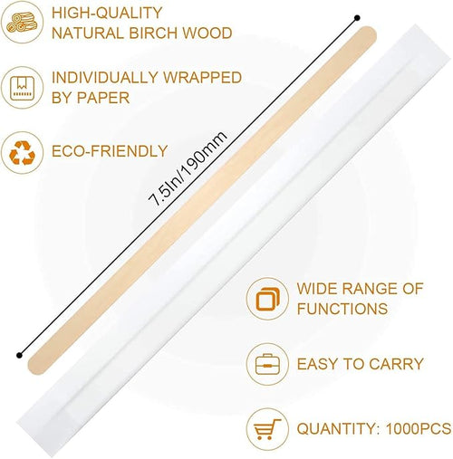 1000Pcs Disposable Wood Coffee Stir Sticks Stirrers Individually Paper Wrapped Coffee Tea Beverage Stirrers Stirrings 7.5 Inch,190mm