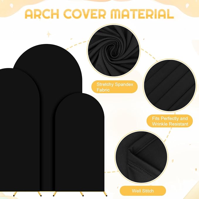 FUHSY Metal Arch Backdrop Stand and Cover Set 6FT, 6.6FT, 7.2FT Black Arch Cover Set of 3 Wedding Backdrop Arch Stands Chiara Arched Frame with Backdrop Covers for Birthday Party Baby Shower Decor