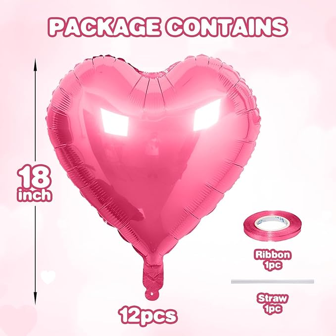 12 Pcs Heart Balloons, 18 inch Pearl Pink Heart Shaped Balloons, Big Helium Balloon, Love Foil Balloon for Wedding Baby Shower Anniversary Backdrop Valentine Party Decorations