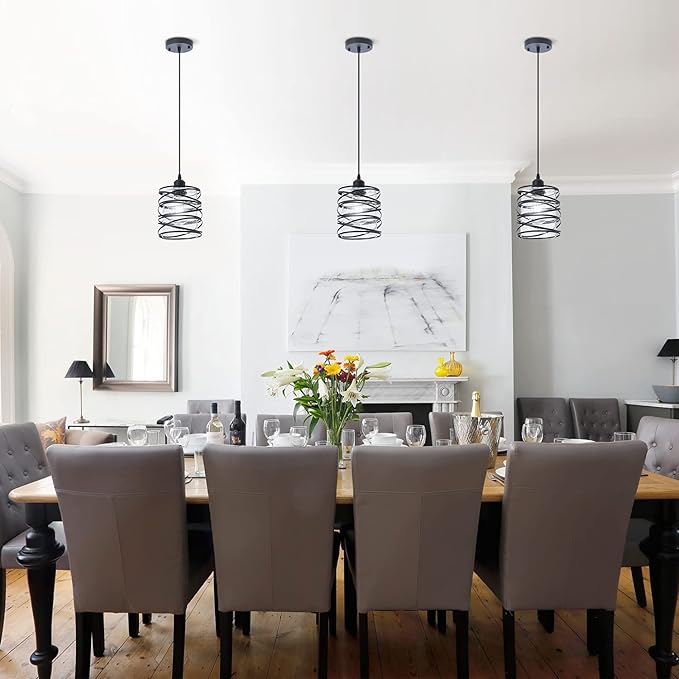 Modern Mini Pendant Light Fixture 3-Pack Kitchen Island Pendant Lighting 6.3''Matte Black Spiral Cage Handblown Clear Seeded Glass Shade Adjustable Cord for Dining Room