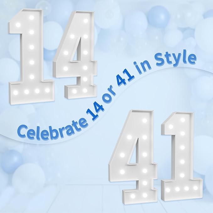 Marquee Numbers Large 14th-Birthday Decorations: 4ft Light Up Number Party Decor 41 Year Old Girl And Boy Birthday Decoration Backdrop 41 Anniversary Cardboard Big Mosaic Balloon Frame Number 14