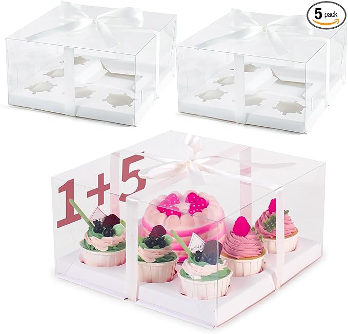 JCD 5 Pcs Bento Cake and Cupcake Box 1+5 Combination Clear Window Bento Boxes with Ribbon 4-5in Mini Cake and 5 Cupcakes Combo Box for Family Dinner Wedding Birthday Party Picnic Gift(1+5/5Pcs)