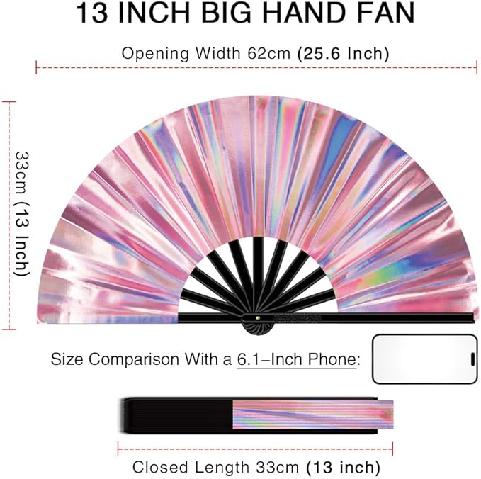 13" Large Folding Rave Fan with Holster, Clack Hand Fans Foldable for Line Dancing, Boots On The Ground Fan for Women Men Festival EDM Party Decoration, Holographic Pink 2 Pack