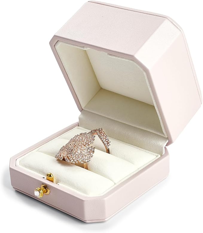 Oirlv Premium Leather Double Ring Box for Wedding Ceremony Engagement Couple Rings Holder Jewelry Gift Box(Pink,Double)
