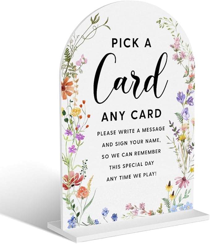 Acrylic Wedding Signs, Pick A Card Signs for Marriage Reception, Bridal Shower Decorations, Modern Arched Round Top Acrylic Table Top Sign with Holder for Wedding Party Dinner (White Wildflowers)