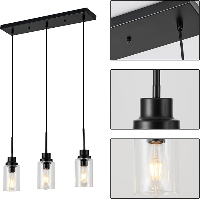 3-Lights Pendant Light Fixtures, Modern Black Kitchen Island Lighting with Clear Glass Shade, Adjustable Hanging Ceiling Lamp