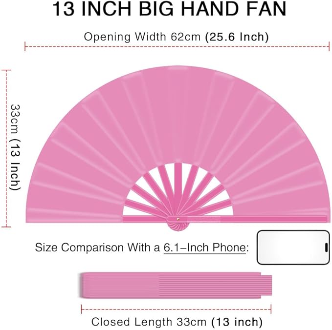 13" Large Folding Rave Fan with Holster, Clack Hand Fans Foldable for Line Dancing, Boots On The Ground Fan for Women Men Festival EDM Party Decoration, Pink