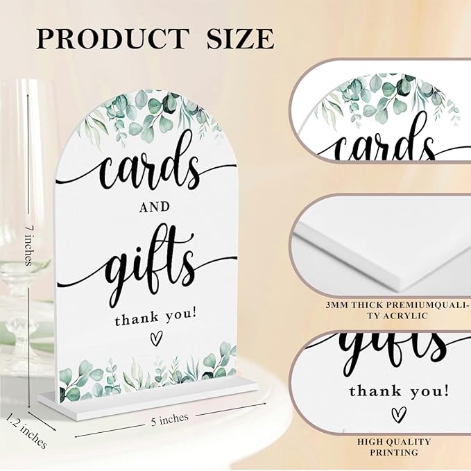2 Pcs Acrylic Wedding Signs for Reception, Bridal Shower Decorations, Cards and Gifts Signs, Guest Book Sign, Arch Acrylic Table Top Sign with Holder for Wedding Reception (White Eucalyptus Leaves)