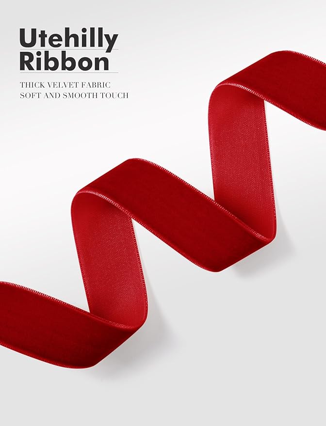 Red Christmas Velvet Ribbon for Tree, Gift Wrapping, Flower Bouquet, Wreath Decorations, Bow Making 1'', 25 Yards