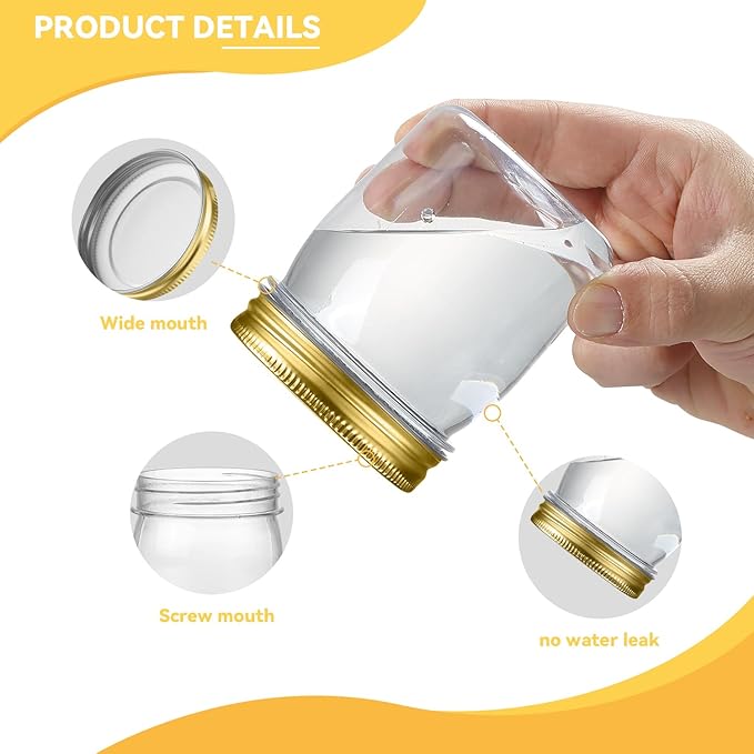 novelinks 8 oz Clear Plastic Jars with Screw-On Lids - BPA-Free Refillable Storage Containers for Slime, Spices, Crafts, Kitchen & Home Organization (16 Pack,Gold)