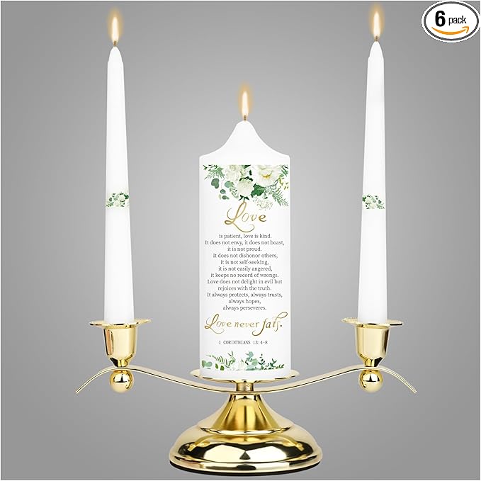 3 Unity Floral Candles for Wedding Ceremony Set with Golden Holder, Wedding Accessories for Reception