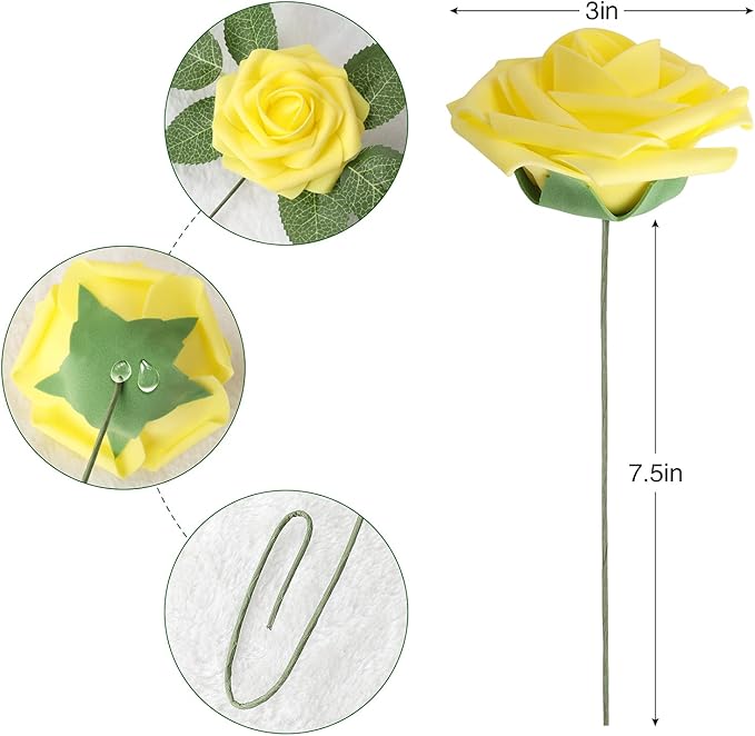 AmyHomie Artificial Flower Yellow Rose 25pcs Real Looking Fake Roses w/Stem for DIY Wedding Bouquets Centerpieces Arrangements Party Baby Shower Home Decorations