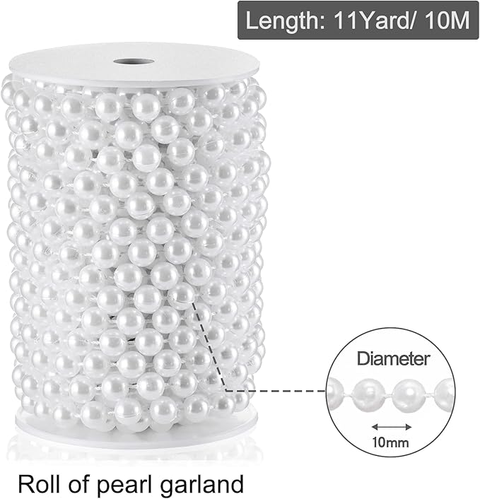 XINHUIDALSQ Craft String of Pearls 10 MM Faux Pearl Beaded, 33 Feet White Garland Bead String for Christmas Tree Decorations, Wedding Party Decoration (White, 10mm/10M)