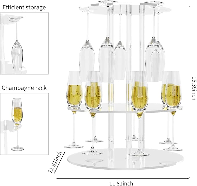 Champagne Tower, Circle Acrylic Champagne Display Rack Stand with 12 Slots, 2 Tiers Floating Sight Champagne Flute Holder for Party, Wedding, School, Celebration, 11.8x11.8x15.4 inch