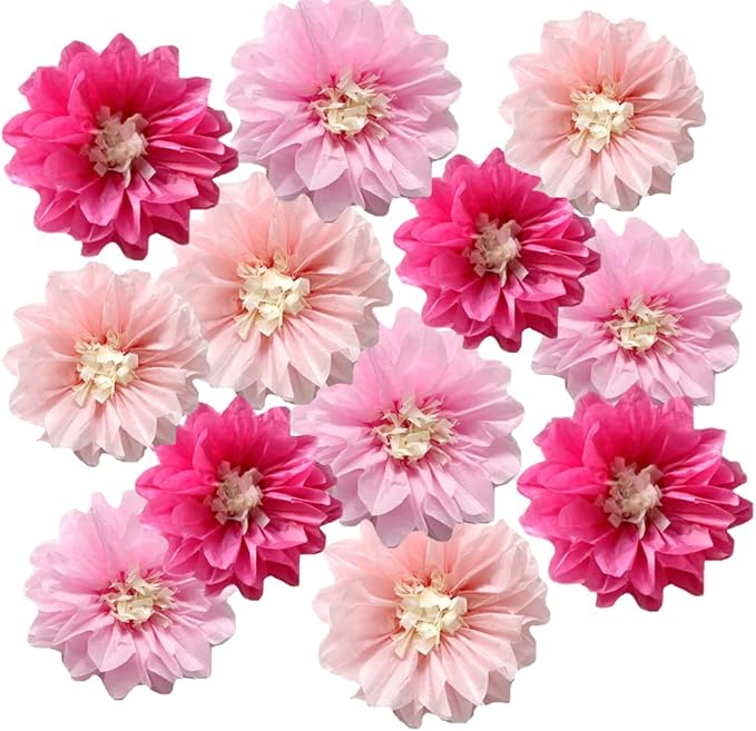 12pcs 10in 12in Paper Flowers Tissue Flowers Pom Paper Pom Poms Hanging Flowers Floral Backdrop Wedding Party Flower Decorations DIY Art Craft Blooms for Birthday Baby Shower Nursery Decor Pink