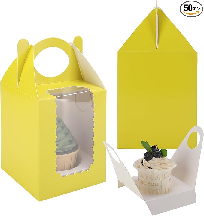 Individual Cupcake Boxes 4x4x5 Inches Disposable Pastry Tray Boxes, With Window Insert and Handle, Perfect for Parties, Birthdays, Bakery Wrapping and Events Containers (Yellow-50Pack)
