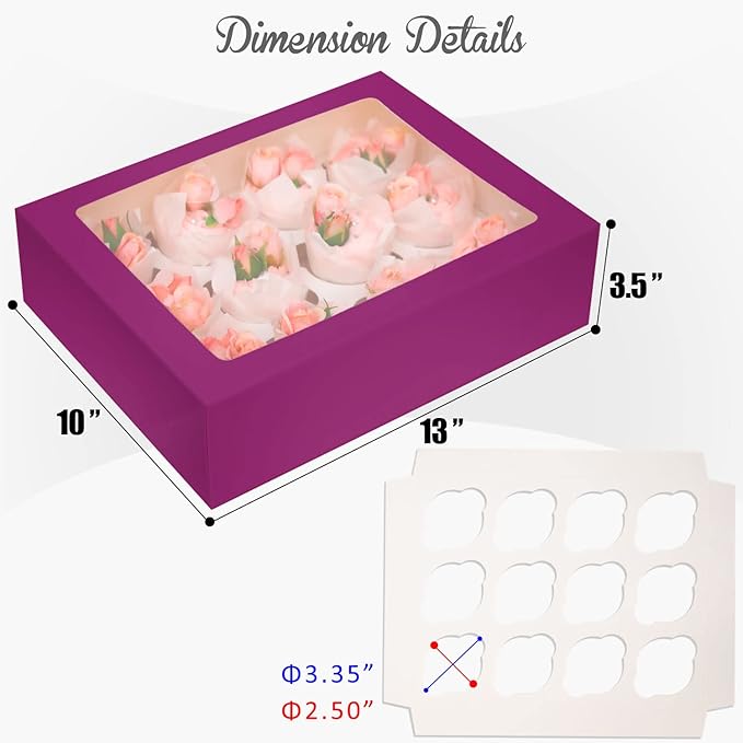 12 Cupcake Containers 10-Packs Deep Purple Cupcake Box Cupcakes Carrier, 12 Cupcake Boxes with Window 13"x10"x3.5"（Auto-pop up）