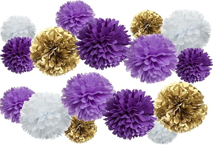 Gold Purple Lavender and White Tissue Paper Pom Poms Flower for Birthday Graduation Retirement Theme Party Decoration, 16pc