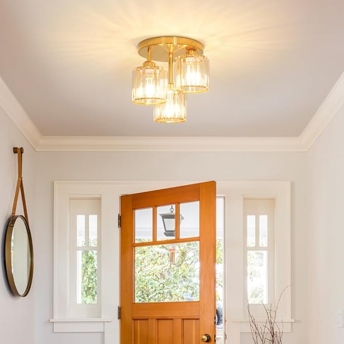 Modern Semi Flush Mount Ceiling Light, 3-Light Crystal Close to Ceiling Light Fixtures, Gold Kitchen Light Fixtures with Clear Crystal Shade, Hallway Light Fixtures for Hallway Bedroom Bathroom
