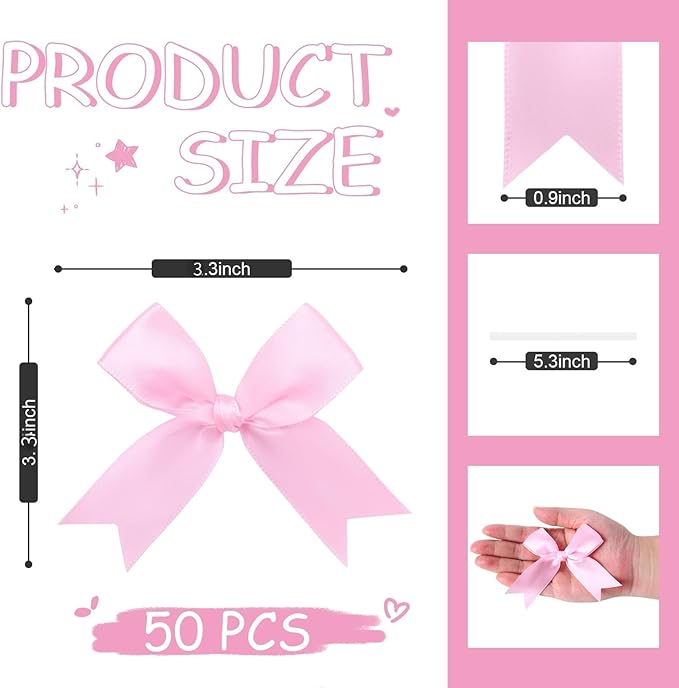 Feluwi Pink Gift Wrap Bows (50 Pcs) - 3.3 Inch Elegant Plastic-Free Bows for Christmas Gifts, Birthday Presents, Wedding Friendly Party Supplies, Baby Shower, Gift Bags Decorative Accessories