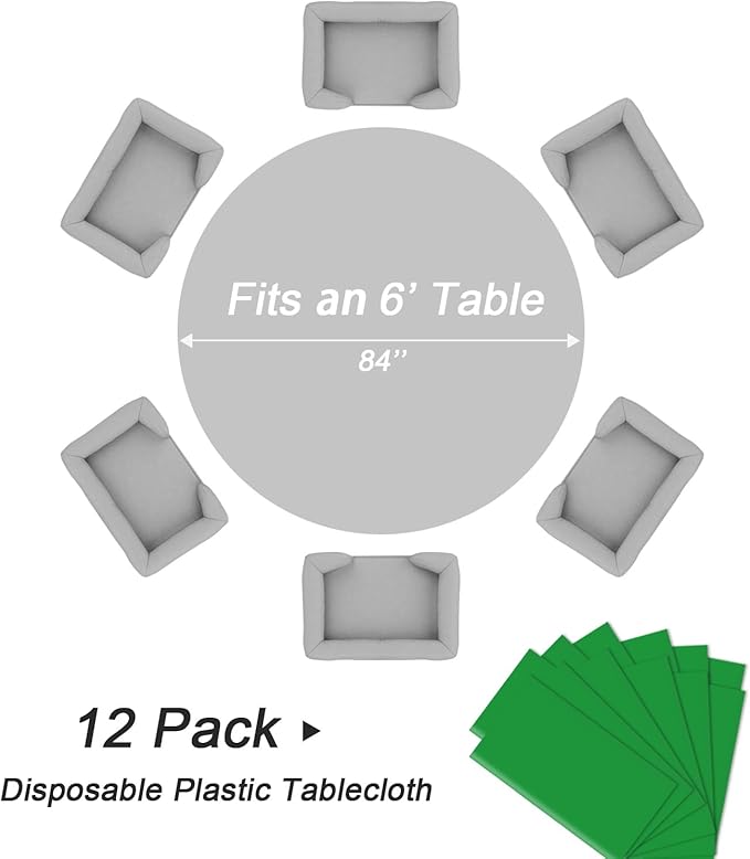 QIKSION Green Round Tablecloth 12 Pack, 84 Inch Plastic Table Cover Disposable for Parties