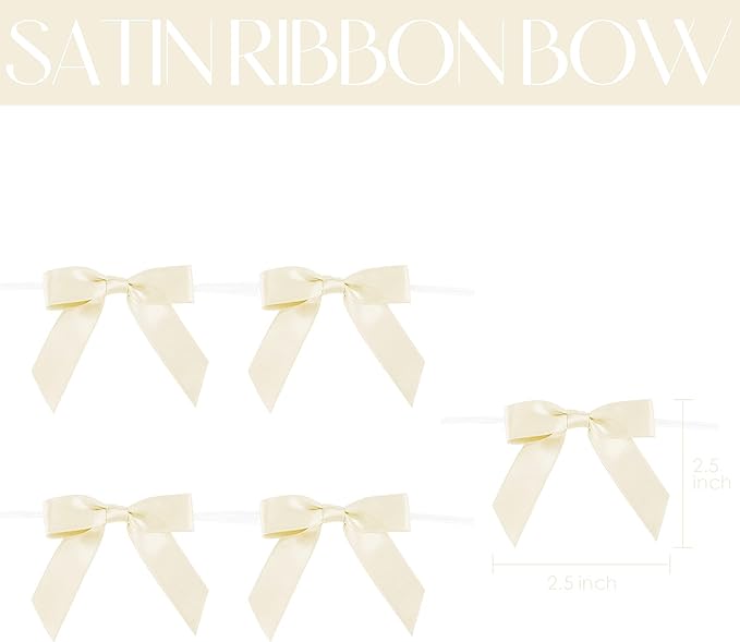 AIMUDI Ivory Bows 2.5" Pretied Satin Ribbon Bows Premade Twist Tie Bow for Treat Bags Cake Pop Bow for Wedding Favors Mini Bows for Gift Wrapping Baby Shower Decorations - 50 Counts