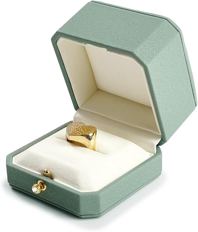 Oirlv Luxury Leather Ring Box for Jewelry Gift Octagon Women Ring Holder for Wedding Day, Proposal, Engagement, Anniversary(Green,Single)