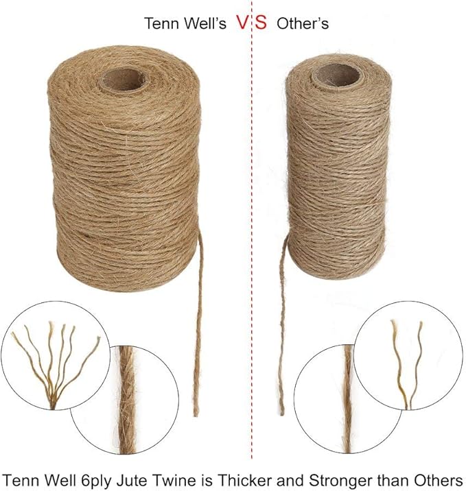 Tenn Well Jute Twine, 328Feet 2.32mm 6Ply Natural Garden Twine, Heavy Duty Jute String for Crafts, Gift Wrapping, Gardening, Farmhouse Decor, Christmas Decorations (Pack of 2)