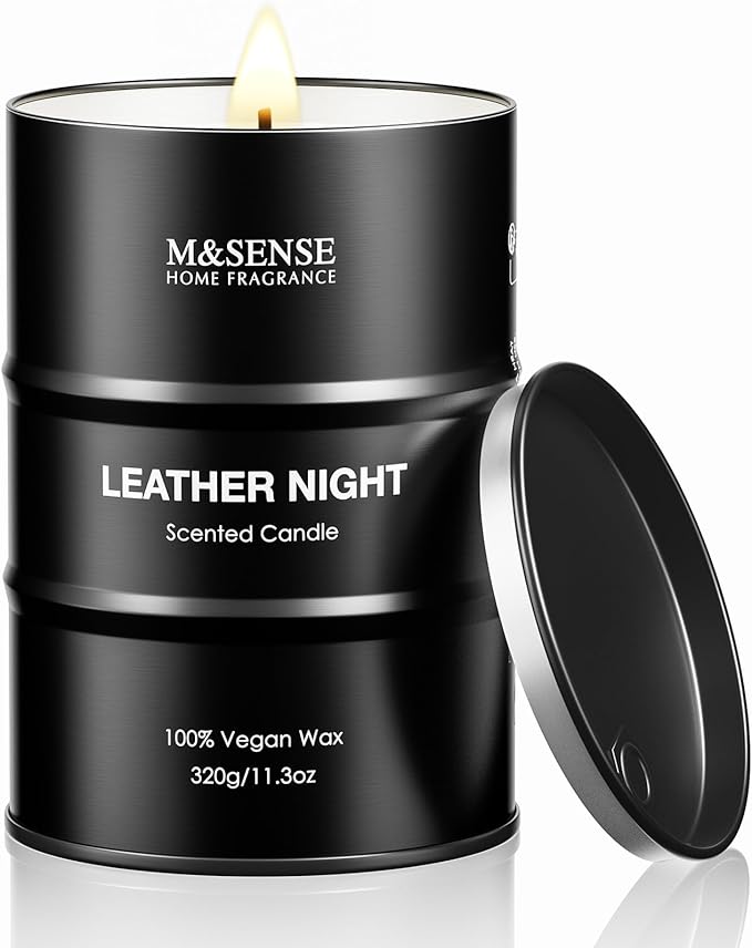 M&SENSE Scented Candle, Leather Medium Jar Candle Gifts for Men, 70 Hours Slow Burning Natural Soy Candles 11.3oz, Stress Relief Aromatherapy Candles Home Decor, Valentines Day Gifts for Him