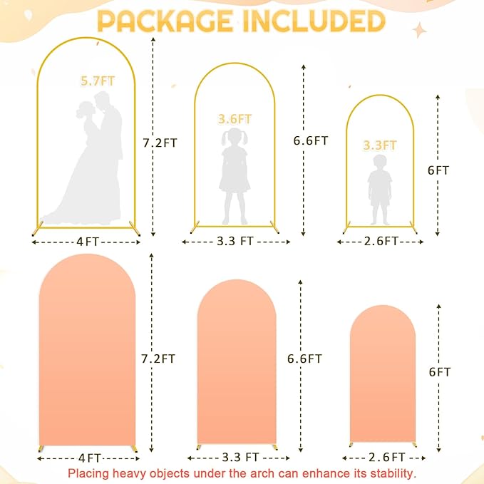 Metal Arch Backdrop Stand Set of 3 with Cover 7.2FT, 6.6FT, 6FT Wedding Arch Stand Arched Frame and Peach Arch Covers Stretchy Backdrop Spandex for Birthday Party Baby Shower Graduation Ceremony Decor