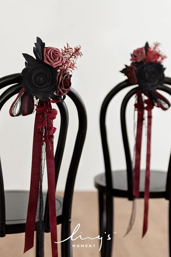 Ling's Moment 8 Wedding Artificial Aisle Pew Flowers Chair Decorations Arrangements with Chiffon Ribbons Black Burgundy for Ceremony Chair Back Floral Decor Reception Church Rose Party Outdoor