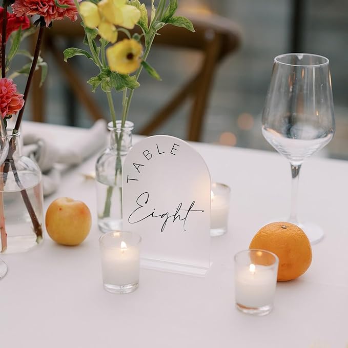 JINMURY Frosted Arch Wedding Table Numbers 1-30 with Stands, 5x7 Inch Frosted Arch Acrylic Sign with Black Letters, Arched Acrylic Table Numbers for Wedding Reception