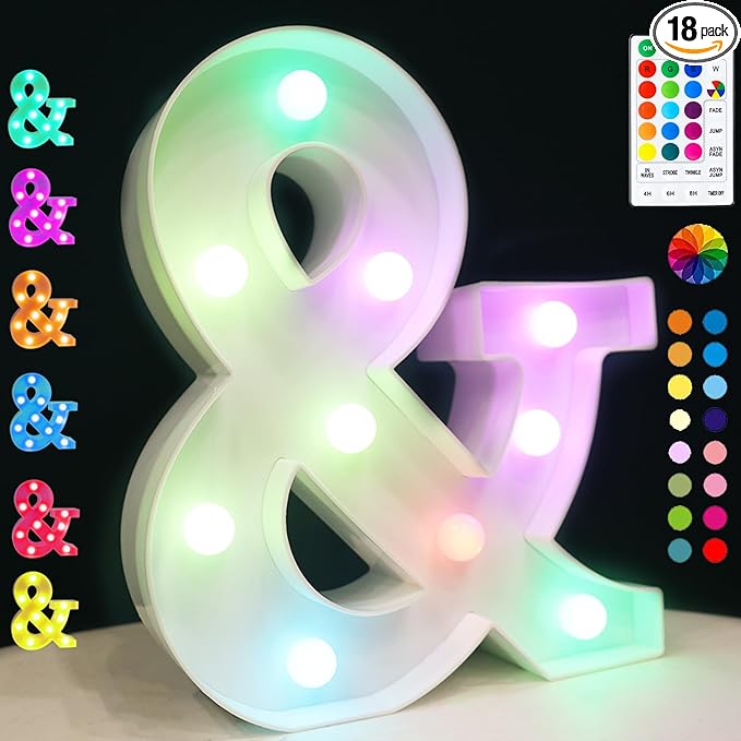 Light Up Colorful LED Marquee Letter lights, 18 Colors Changing Alphabet Letters Sign with Remote Timer for Night Light Girls Bedroom Wedding Birthday Party Lamp Christmas Home Bar Decor- Colorful &