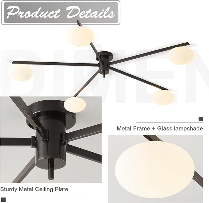 5 Lights Mid Century Modern Black Sputnik Semi Flush Mount Ceiling Light Vintage Glass Close to Ceiling Light Fixtures Industrial Metal Ceiling Chandelier Glass Globe Hall Light MCL05-BK