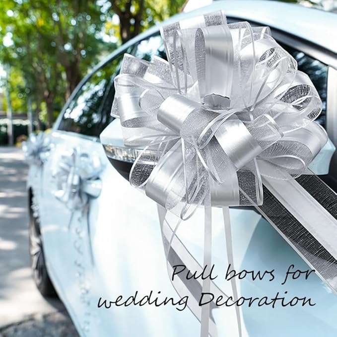 7 Pieces Large Pull Bows, 6 inche, Big Bow for Gift Wrapping, Christmas Party Birthday Gift, Wedding Baskets,Valentine's Day Gift Decorations, Flower Decoration (Silver)