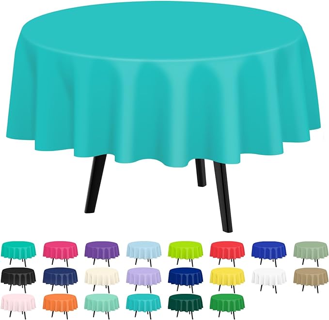QIKSION Aqua Blue Round Tablecloth 3 Pack, 84 Inch Plastic Table Cover Disposable for Parties