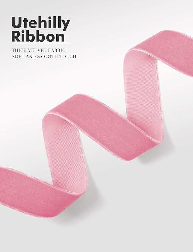 Pink Christmas Velvet Ribbon for Tree, Gift Wrapping, Flower Bouquet, Wreath Decorations, Bow Making 3/8'', 25 Yards